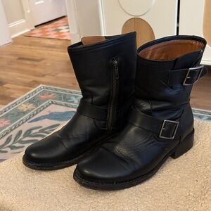 Frye Vicky Engineer Black Leather Ankle Boots with Buckles